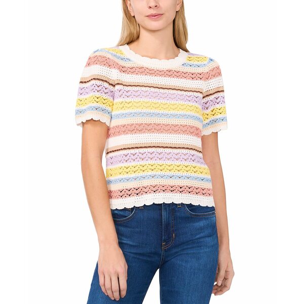 セセ レディース ニット&セーター アウター Women's Pointelle Stripe Short-Sleeve Cotton Sweater Antique White