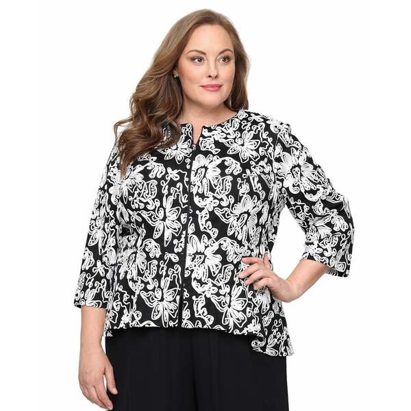 アレックスイブニングス レディース カットソー トップス Plus Size 3/4-Sleeve Zip-Front Top Black, ..