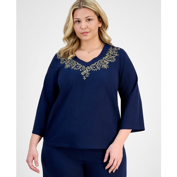 ॳ쥯 ǥ åȥ ȥåץ Plus Size Metallic Embroidered V-Neck Top...