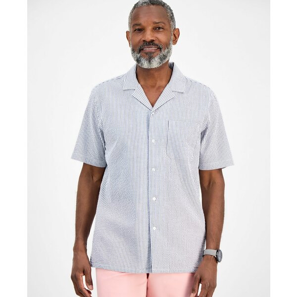 クラブルーム メンズ シャツ トップス Men's Short Sleeve Striped Seersucker Button-Front Camp Shirt, Exclusively at Macy's Navy