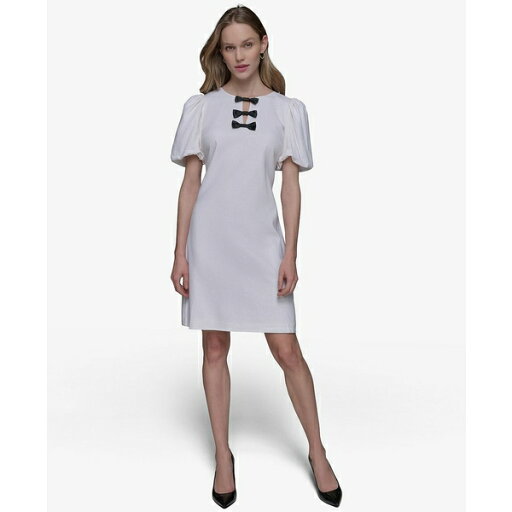 カールラガーフェルド レディース ワンピース トップス Women's Bow-Trim A-Line Dress Soft White, Black カールラガーフェルド レディース ワンピース トップス Women's Bow-Trim A-Line Dress Soft White, Black