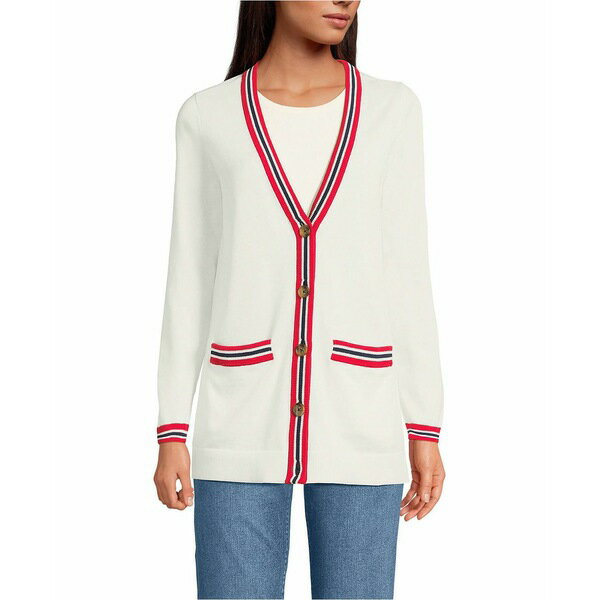 ランズエンド レディース ニット&セーター アウター Women's Fine Gauge Cotton Cardigan with Tipping Sweater Red/navy tipping stripe