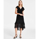 トミー ヒルフィガー レディース ワンピース トップス Women's V-Neck Chiffon-Trim Midi Dress with Flutter Sleeves Black