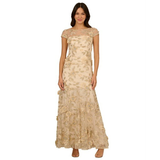 アドリアナ パペル レディース ワンピース トップス Women's Floral-Embroidered Godet Pleat Gown Champagne アドリアナ パペル レディース ワンピース トップス Women's Floral-Embroidered Godet Pleat Gown Champagne