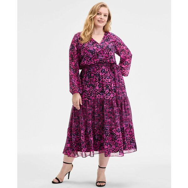 カスパー レディース ワンピース トップス Plus Size Printed Blouson-Sleeve Midi Dress Cerise/black