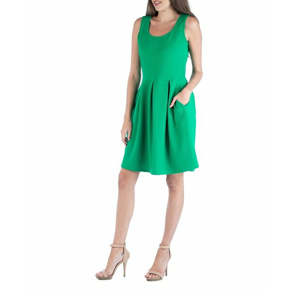 24セブンコンフォート レディース ワンピース トップス Sleeveless Skater Pleated Mini Dress with Pockets Green 1