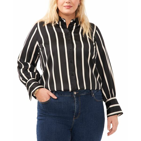 ヴィンスカムート レディース カットソー トップス Plus Size Striped Button-Down Bell-Sleeve Shirt Rich Black