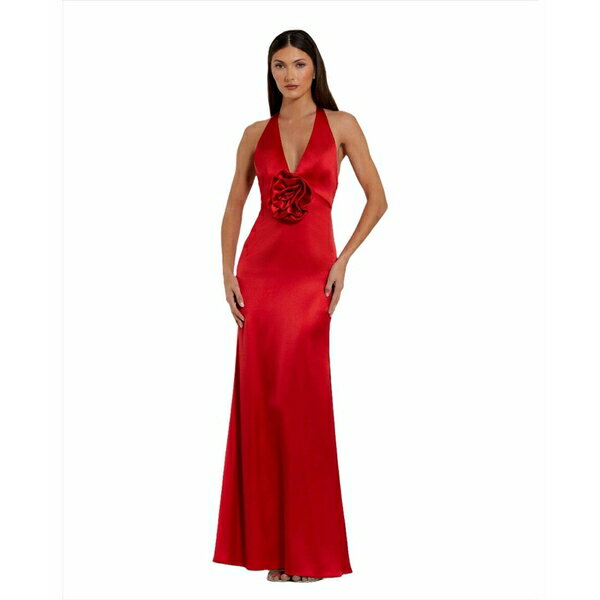 マックダガル レディース ワンピース トップス Women's Fitted Satin Sleeveless Halter Gown With 3D Flower Red