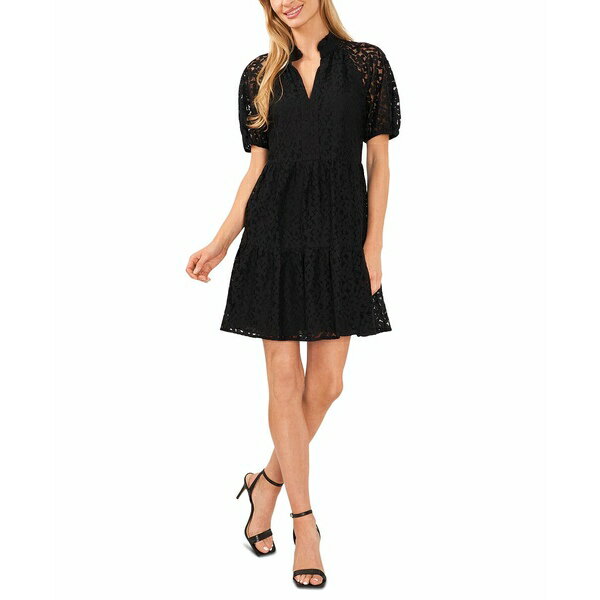 セセ レディース ワンピース トップス Women's Lace Babydoll Puff Sleeve Tiered Dress Rich Black