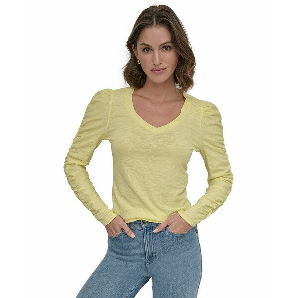ダナキャランニューヨーク レディース カットソー トップス Women's Cotton V-Neck Ruched-Sleeve Top LME - LIMELIGHT