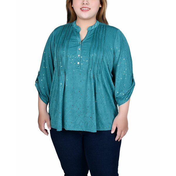 ニューヨークコレクション レディース カットソー トップス Plus Size 3/4 Sleeve Roll Tab Y Neck Top..