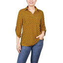 ニューヨークコレクション レディース カットソー トップス Petite 3/4 Ruched Sleeve Studded Y-neck Top Golden Glow Black Fleur De Lis(4)