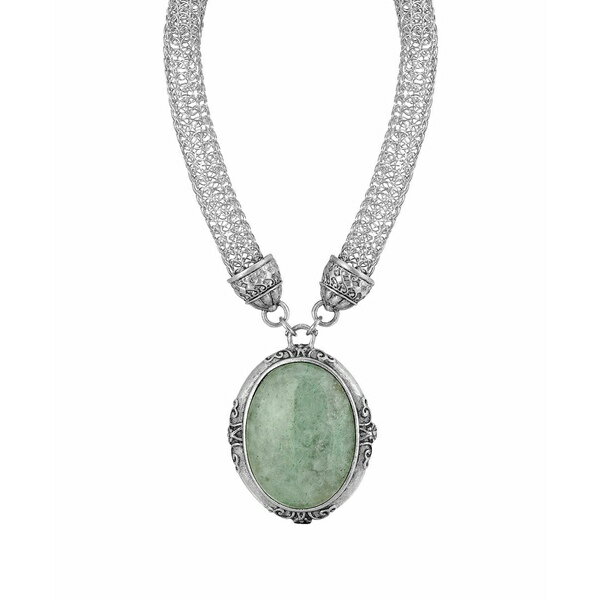 2028 fB[X lbNXE`[J[Ey_ggbv ANZT[ Silver-Tone Mesh Tube Chain with Oval Green Pendant 18