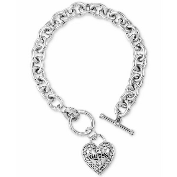 ゲス レディース ブレスレット・バングル・アンクレット アクセサリー Silver-Tone Pav&eacute; Logo Heart Link Bracelet Silver