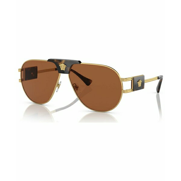 ヴェルサーチ メンズ サングラス・アイウェア アクセサリー Men's Sunglasses, VE225263-X 63 Gold-Tone, Dark Brown