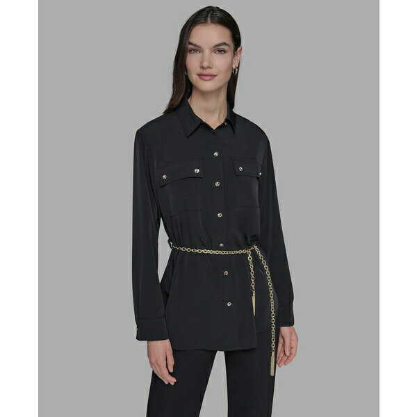 カールラガーフェルド レディース カットソー トップス Women's Belted Chest-Pocket Top Black