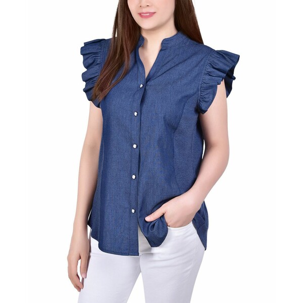 ニューヨークコレクション レディース カットソー トップス Petite Flutter Sleeve Chambray Top Dark ..