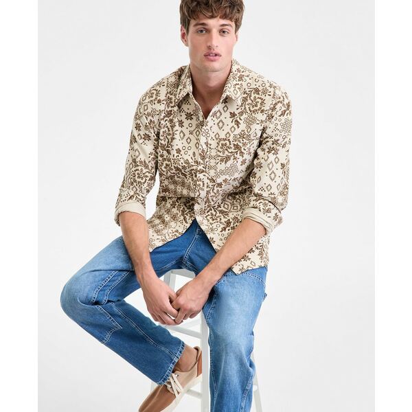サンアンドプラスストーン メンズ シャツ トップス Men's Bonds Long-Sleeve Cotton Patchwork-Print Corduroy Shirt, Macy's Exclusive Stone Block