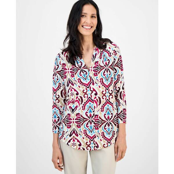 ジェイエムコレクション レディース カットソー トップス Petite Daniella Damask Printed 3/4-Sleeve ..
