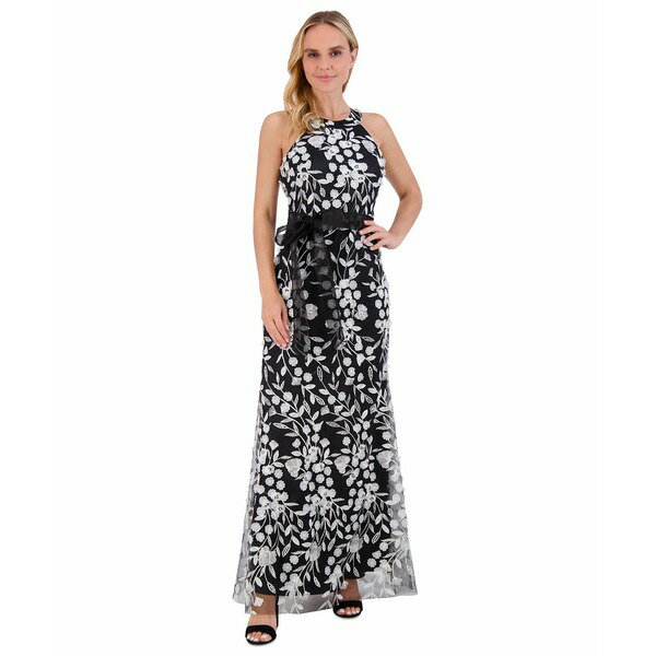 エリザジェイ レディース ワンピース トップス Petite Floral-Embroidered Sleeveless Gown Black/White
