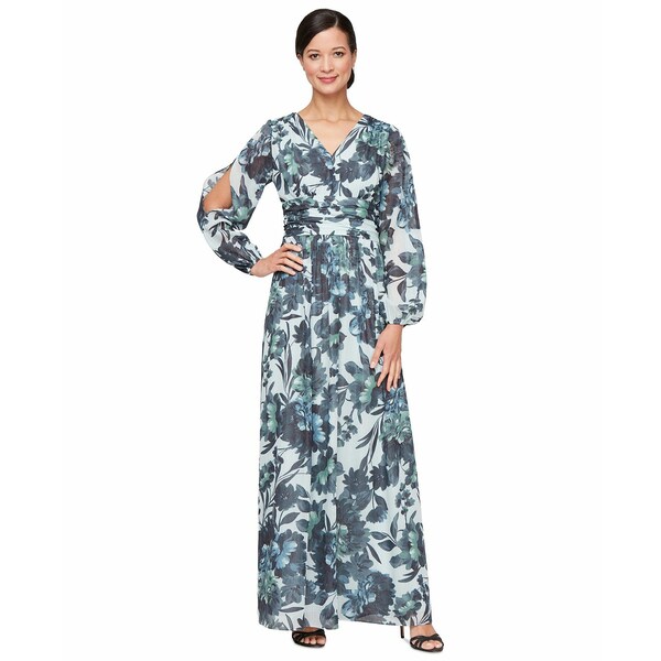 エス エル ファッションズ レディース ワンピース トップス Petite Floral-Print Blouson-Sleeve Gown Blk Multi