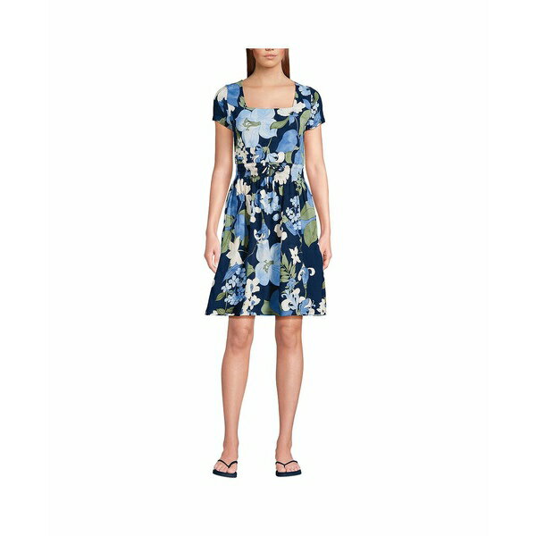 ランズエンド レディース ワンピース トップス Women's Cotton Modal Smocked Waist Dress Deep sea navy lilies