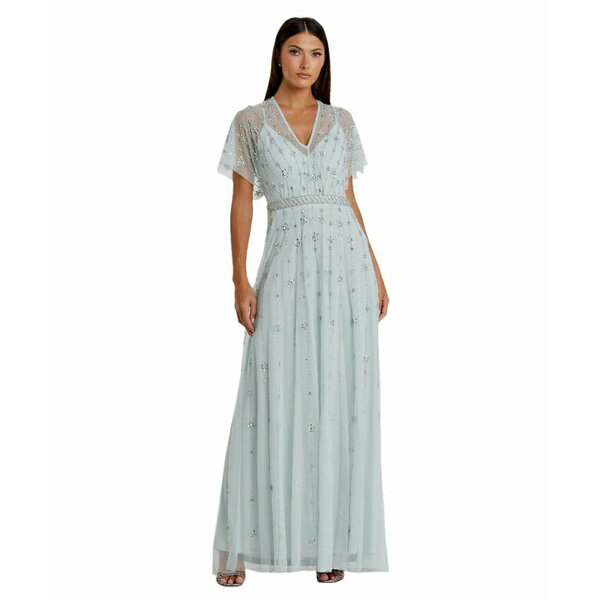 マックダガル レディース ワンピース トップス Women's V-Neck Embellished Flutter Sleeve A Line Gown Mist