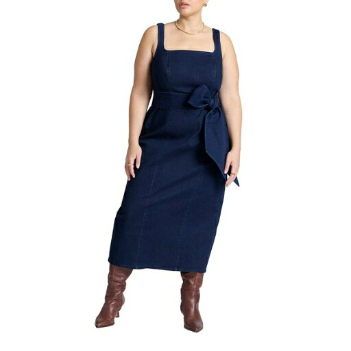 エロクイ レディース ワンピース トップス Women's Plus Size Tie Detail Denim Midi Dress Dark wash エロクイ レディース ワンピース トップス Women's Plus Size Tie Detail Denim Midi Dress Dark wash