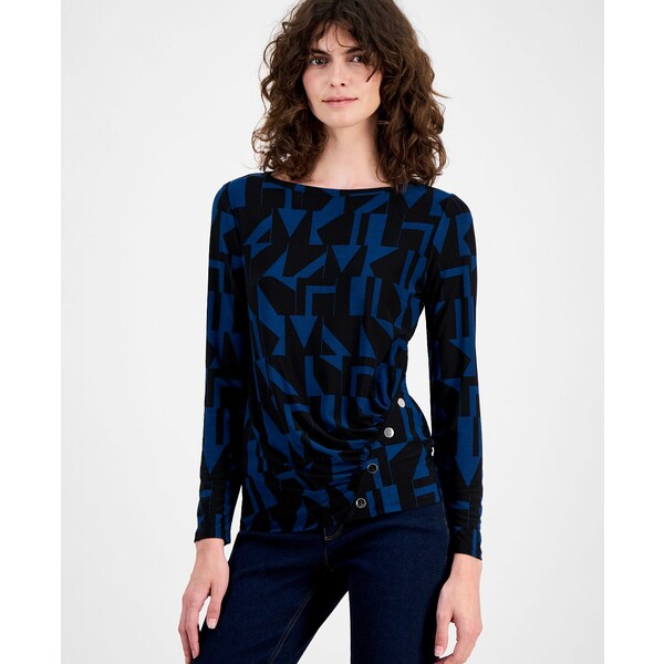 エーケー アン クライン レディース カットソー トップス Women's Geo-Print Button-Trim Top Black