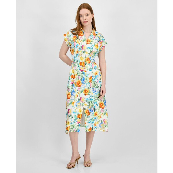 ティー・タハリ レディース ワンピース トップス Women's Collared V-Neck Cap-Sleeve Midi Dress Sky Garden Print