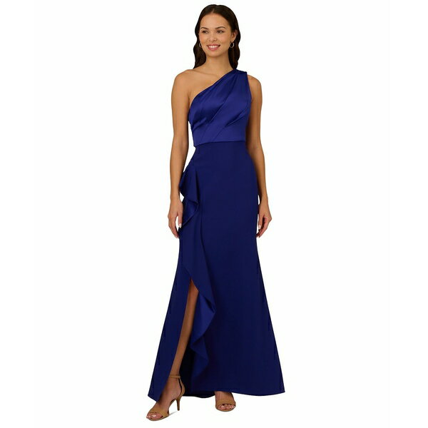 アドリアナ パペル レディース ワンピース トップス One-Shoulder Satin-Trim Draped Gown Dark Blue Violet
