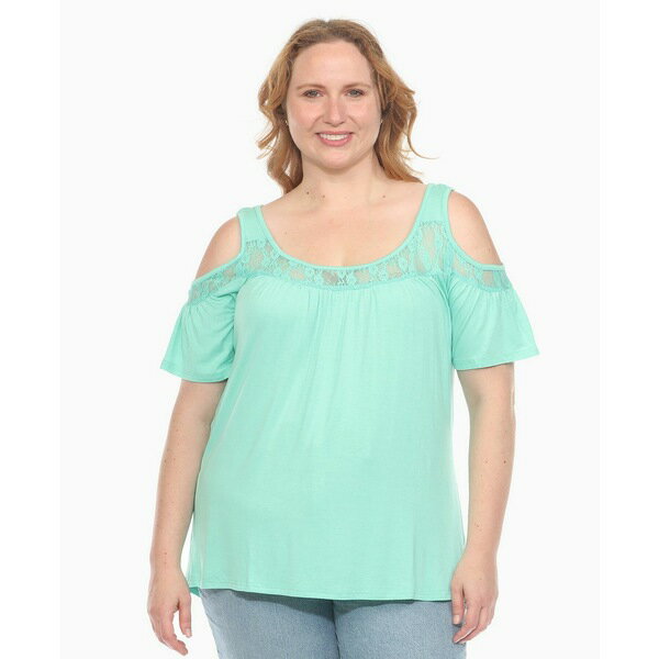 ホワイトマーク レディース カットソー トップス Plus Size Cold Shoulder Lace Trim Knit Top Mint