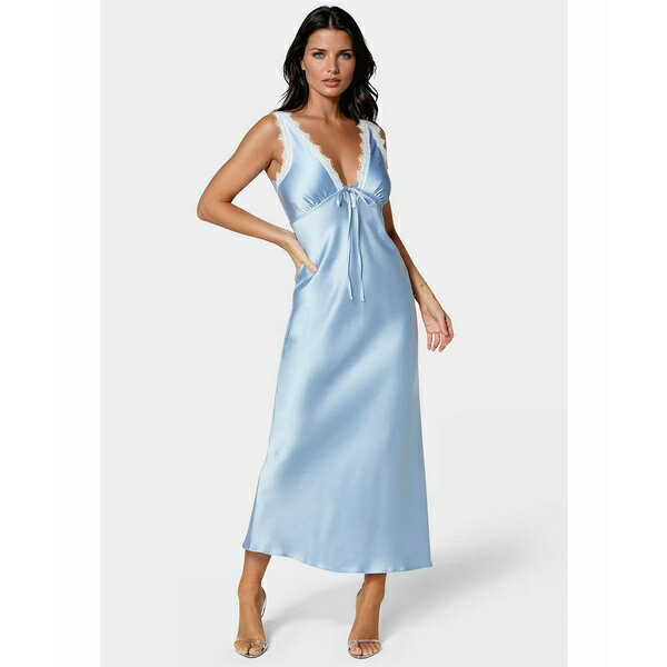 ベベ レディース ワンピース トップス Women's Lace Detail Satin Slip Dress Blue white