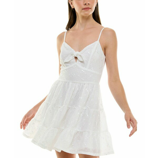 トリッキ レディース ワンピース トップス Juniors' Tie-Neck Floral Embroidered Fit & Flare Dress White