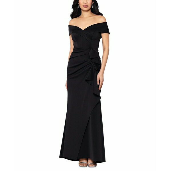 エスケープ レディース ワンピース トップス Petite Off-The-Shoulder Ruffle Gown Black