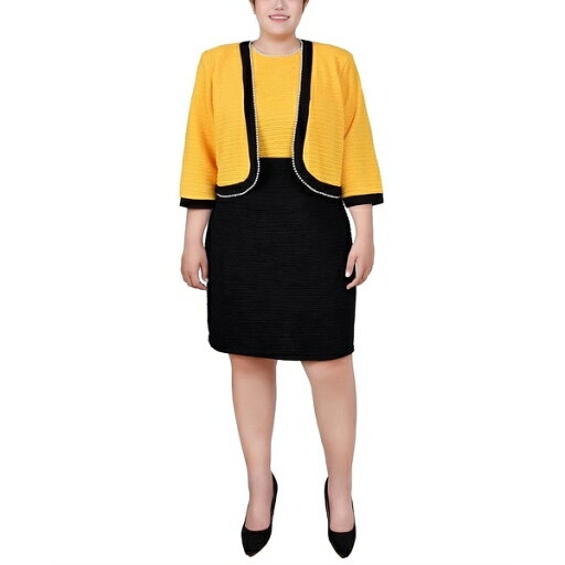 ニューヨークコレクション レディース ワンピース トップス Plus Size 3/4 Sleeve Textured Knit 2 Piece Dress Set Black Lemon ニューヨークコレクション レディース ワンピース トップス Plus Size 3/4 Sleeve Textured Knit 2 Piece Dress Set Black Lemon