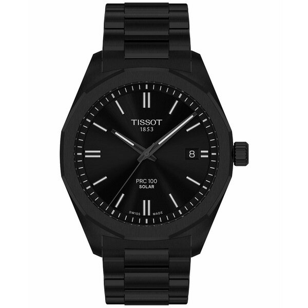 ティソット メンズ ブレスレット・バングル・アンクレット アクセサリー Men's Swiss PRC 100 Solar Quartz Black-Tone Stainless Steel Bracelet Watch 39mm Bracelet, Steel, Black