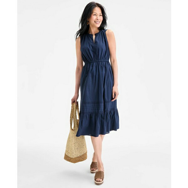 スタイルアンドコー レディース ワンピース トップス Women's Cotton Sleeveless Lace-Mix Midi Dress, Exclusively at Macy's Industrial Blue