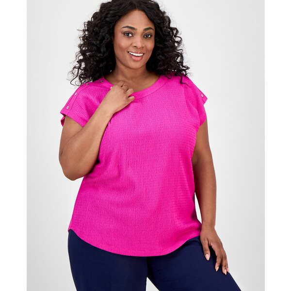 硼󥺥˥塼衼 ǥ åȥ ȥåץ Plus Size Crinkled Button-Trim Top Bright...