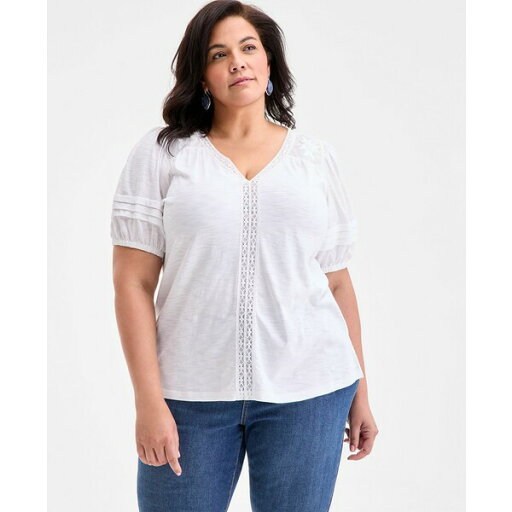 スタイルアンドコー レディース カットソー トップス Plus Size V-Neck Short-Sleeve Contrast-Trim Top, Exclusively at Macy's Bright White スタイルアンドコー レディース カットソー トップス Plus Size V-Neck Short-Sleeve Contrast-Trim Top, Exclusively at Macy's Bright White