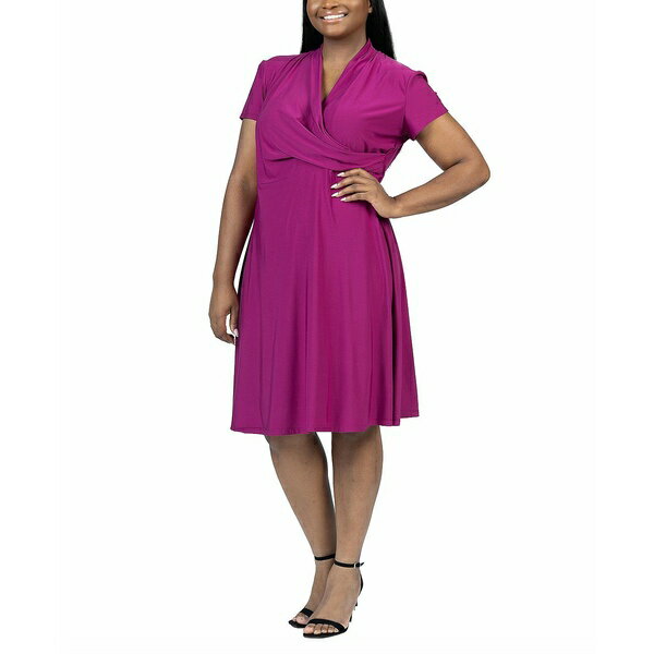 24セブンコンフォート レディース ワンピース トップス Plus Size Short Sleeve Rouched Wrap Dress Magenta