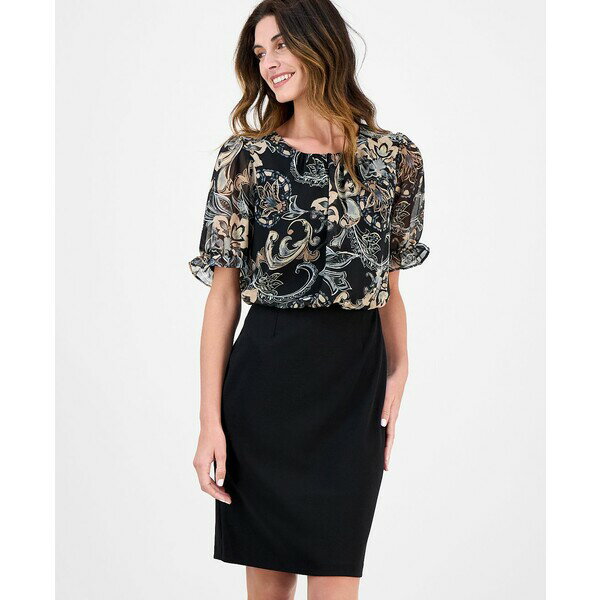 コネクテッド レディース ワンピース トップス Women's Chiffon-Overlay Sheath Dress Camel