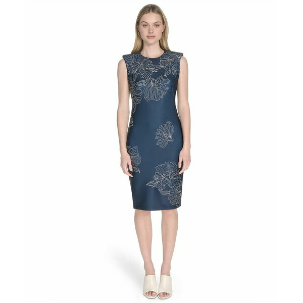 カルバンクライン レディース ワンピース トップス Women's Sleeveless Scuba Sheath Dress Indigo Antique White