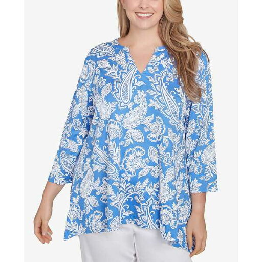 ルビーロード レディース カットソー トップス Plus Size Jacobean Paisley Puff Print V-Neck Top Bluebird Multi ルビーロード レディース カットソー トップス Plus Size Jacobean Paisley Puff Print V-Neck Top Bluebird Multi