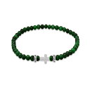 スティールタイム メンズ ブレスレット・バングル・アンクレット アクセサリー Mens Sterling Silver Cross and Green Agate Beaded Stretch Bracelet Green