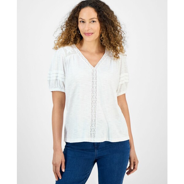 スタイルアンドコー レディース カットソー トップス Petite Mixed Trim Top, Exclusively at Macy's Bright White