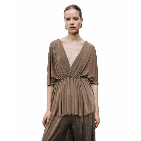 ノクチューン レディース カットソー トップス Women's V-Neck Beaded Accessory Blouse Medium brown