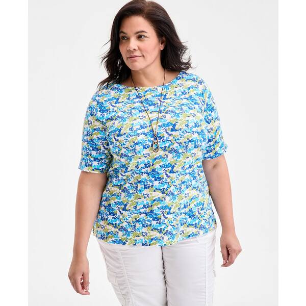 スタイルアンドコー レディース カットソー トップス Plus Size Printed Elbow-Sleeve Knit Top, Exclusively at Macy's Sassy Grass Combo