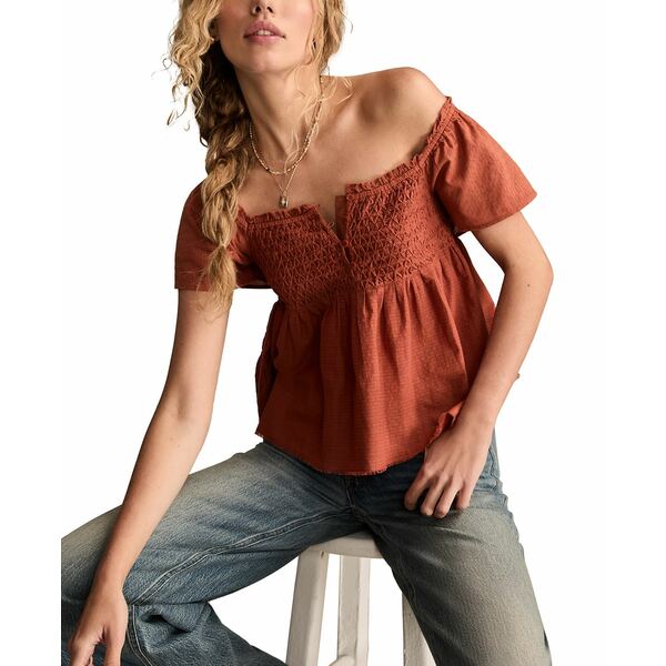 ラッキーブランド レディース カットソー トップス Women's Cotton Smocked-Bodice Babydoll Top Arabi..