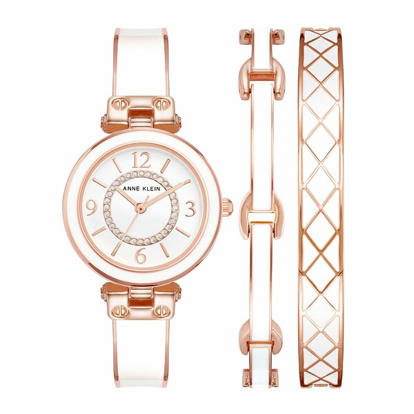 アンクライン レディース 腕時計 アクセサリー Women's Rose Gold-Tone Alloy Bangle with White Enamel and Crystal Accents Fashion Watch 33mm Set 3 Pieces Rose Gold-Tone, White